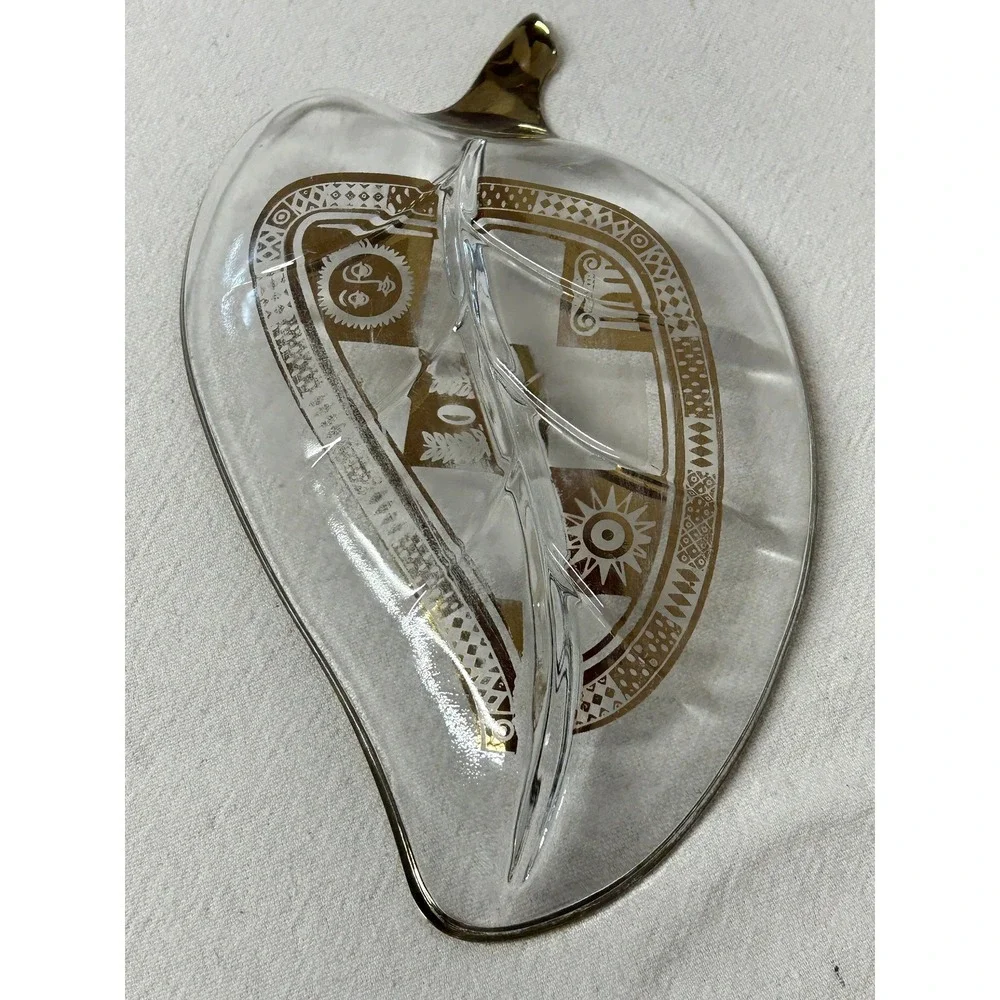 MCM Georges Briard Leaf Shaped, Greek Design, Divided Candy Dish, Gold Gilt Trim